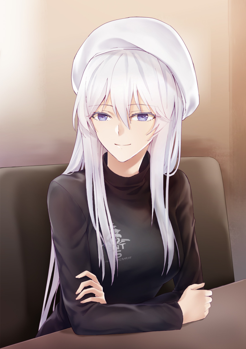 1girl azur_lane black_sweater breasts commentary enterprise_(azur_lane) eyebrows_visible_through_hair hat highres large_breasts long_hair looking_at_viewer silver_hair sitting solo suprii sweater violet_eyes