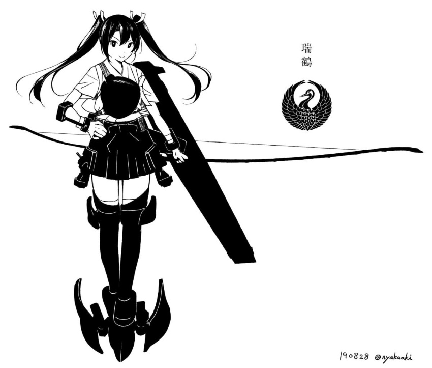 1girl bangs boots bow_(weapon) character_name dated flight_deck full_body greyscale hair_ribbon hakama hakama_skirt hand_on_hip holding holding_bow_(weapon) holding_weapon japanese_clothes kantai_collection long_hair monochrome muneate nakaaki_masashi propeller ribbon short_sleeves simple_background skirt smile solo thigh-highs thigh_boots twintails twitter_username weapon zuikaku_(kantai_collection)