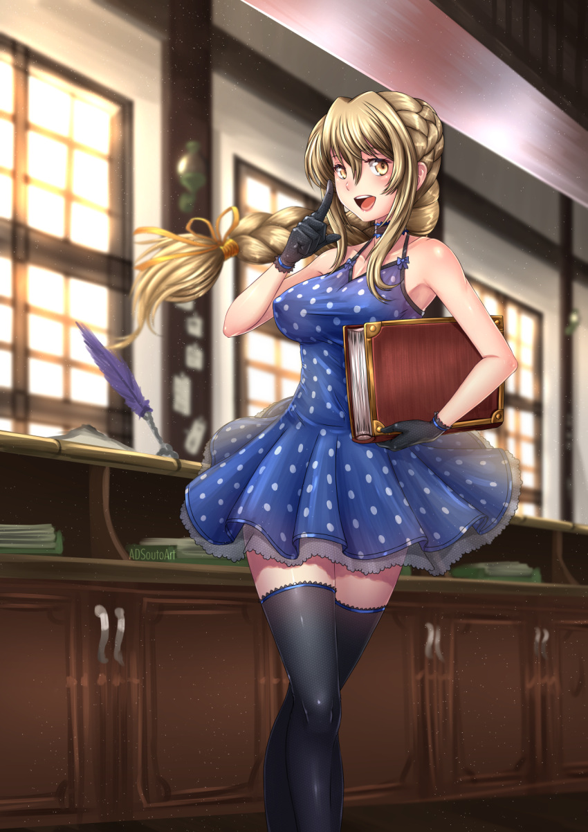 1girl :d adsouto artist_name black_gloves black_legwear blonde_hair blue_dress blurry blurry_background braid braided_ponytail breasts collarbone covered_nipples dress dust_particles floating_hair gloves goblin_slayer! guild_girl_(goblin_slayer!) hair_between_eyes hair_ribbon highres holding indoors long_hair medium_breasts open_mouth polka_dot polka_dot_dress ponytail purple_feathers ribbon shiny shiny_hair shiny_skin short_dress sleeveless sleeveless_dress smile solo thigh-highs very_long_hair yellow_eyes yellow_ribbon zettai_ryouiki