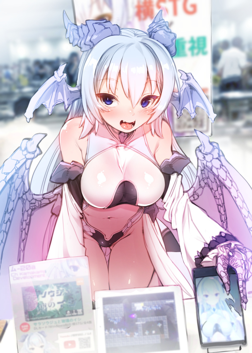 1girl :d absurdres ass_visible_through_thighs bangs bare_shoulders blue_eyes blurry blurry_background blush breasts cellphone collarbone commentary_request cowboy_shot demon_girl demon_horns demon_wings depth_of_field detached_sleeves eyebrows_visible_through_hair fangs gloves groin harigane_shinshi head_wings highres holographic_interface horns indoors large_breasts leaning_forward long_hair long_sleeves looking_at_viewer low_wings navel open_mouth original phone silver_hair smartphone smile solo spikes thigh_gap very_long_hair white_gloves white_wings wings