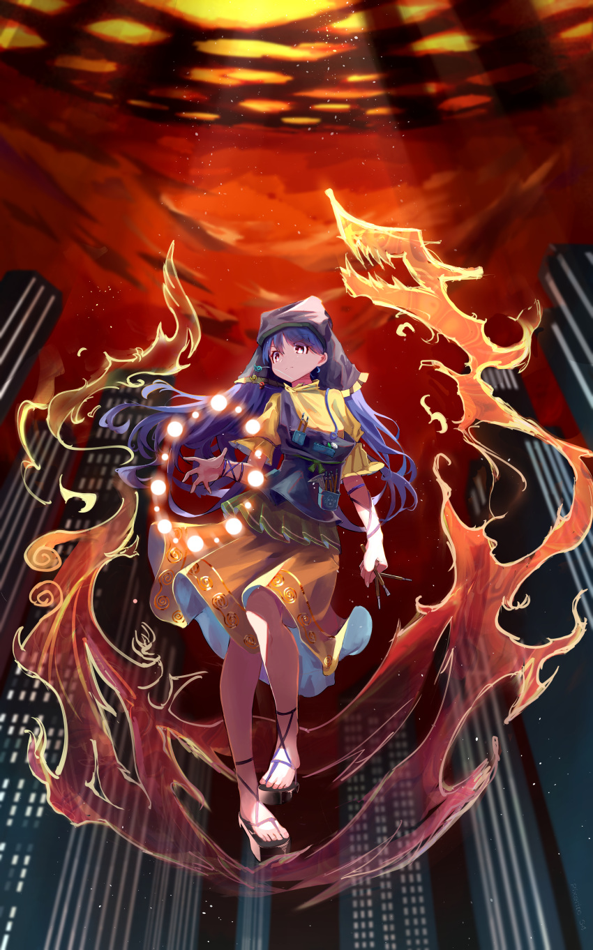 1girl absurdres apron blue_hair blue_ribbon building dress energy_ball feet fire floating haniyasushin_keiki head_scarf highres jewelry long_hair magatama magatama_necklace necklace pixerite ribbon sandals skyscraper tools touhou yellow_dress