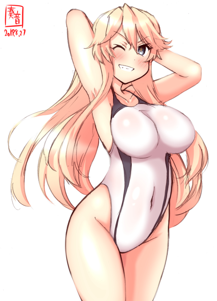 1girl alternate_costume arms_behind_head artist_logo blonde_hair blue_eyes breasts collarbone commentary_request competition_swimsuit covered_navel dated grin highleg highleg_swimsuit highres iowa_(kantai_collection) kanon_(kurogane_knights) kantai_collection large_breasts looking_at_viewer one-piece_swimsuit simple_background smile solo star star-shaped_pupils swimsuit symbol-shaped_pupils white_background white_swimsuit