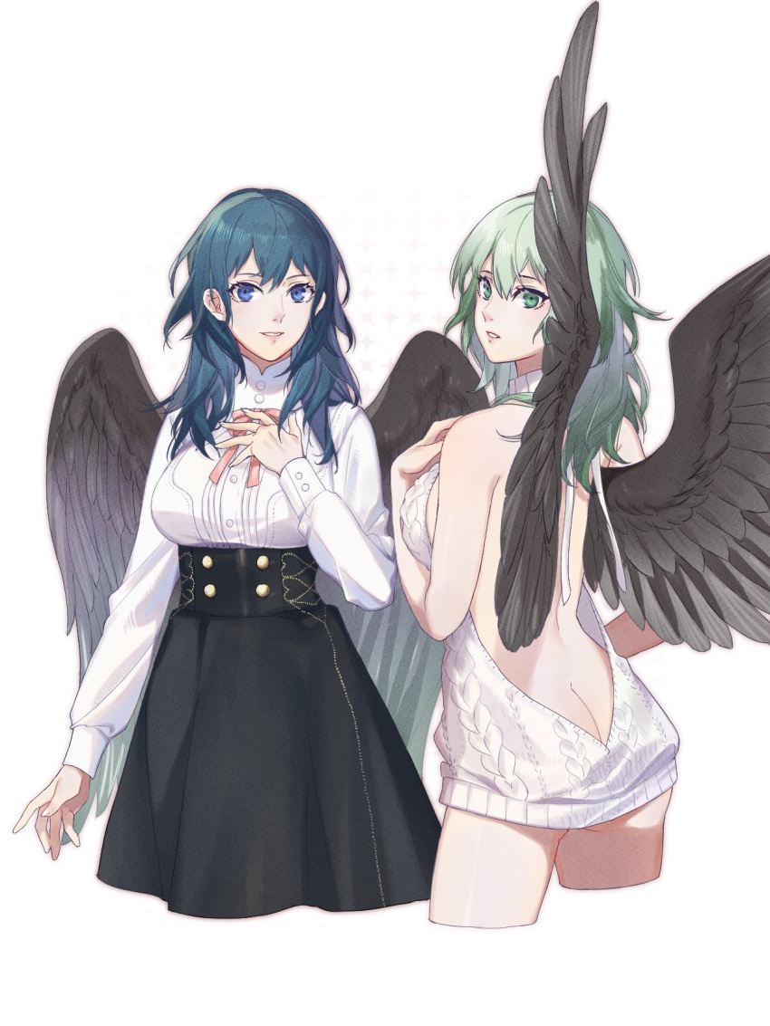 1girl alternate_costume ass black_wings blue_eyes blue_hair butt_crack byleth_(fire_emblem) byleth_eisner_(female) clovisxvii feathered_wings fire_emblem fire_emblem:_three_houses from_behind green_eyes green_hair highres looking_back medium_hair meme_attire multiple_views parted_lips simple_background virgin_killer_sweater white_background wings