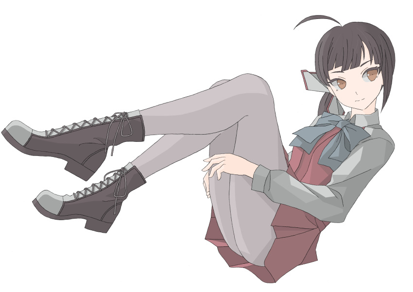 1girl absurdres ahoge asymmetrical_bangs bangs black_hair boots bow bowtie cross-laced_footwear dress fujinami_(kantai_collection) grey_legwear hair_ribbon highres kantai_collection lace-up_boots long_hair looking_to_the_side pantyhose ribbon school_uniform shirt side_ponytail simple_background sleeveless sleeveless_dress solo tsubame11 white_background white_ribbon white_shirt