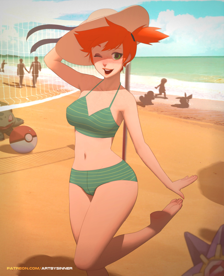 1girl ;d arm_up bare_arms bare_legs bare_shoulders barefoot beach bikini bulbasaur collarbone day freckles gen_1_pokemon green_bikini green_eyes green_swimsuit gym_leader hat highres kasumi_(pokemon) looking_at_viewer looking_back navel ocean one_eye_closed open_mouth orange_hair outdoors outstretched_arm outstretched_hand patreon_username pikachu pokemon pokemon_(creature) sand short_hair side_ponytail silhouette sinner!_(sillygirl) smile solo_focus squirtle standing standing_on_one_leg starmie stomach striped striped_bikini striped_swimsuit sun_hat swimsuit volleyball_net water watermark web_address