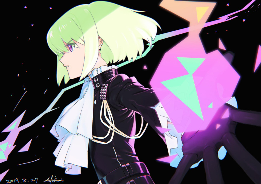 1boy ao_fujimori belt biker_clothes black_gloves black_jacket cravat fire frilled_shirt_collar frilled_sleeves frills gloves green_hair half_gloves highres jacket lio_fotia male_focus multiple_belts outstretched_hand profile promare solo violet_eyes