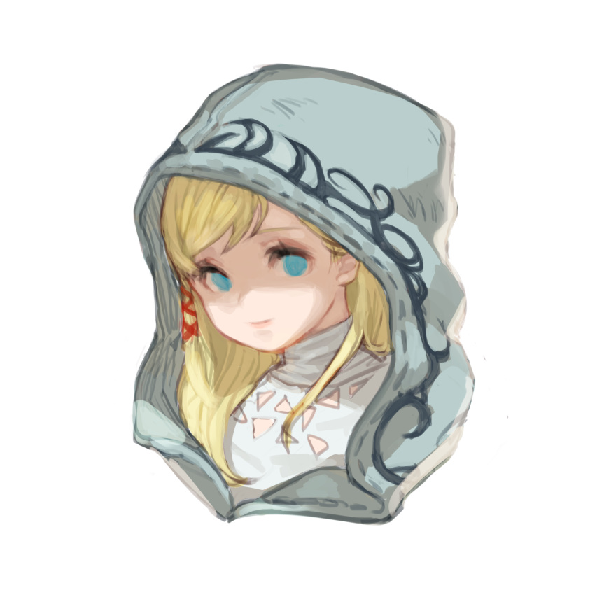 1girl blonde_hair blue_eyes closed_mouth final_fantasy final_fantasy_xiv highres hood hood_up hyur kkaebing long_hair minfilia_warde no_pupils simple_background smile solo upper_body white_background