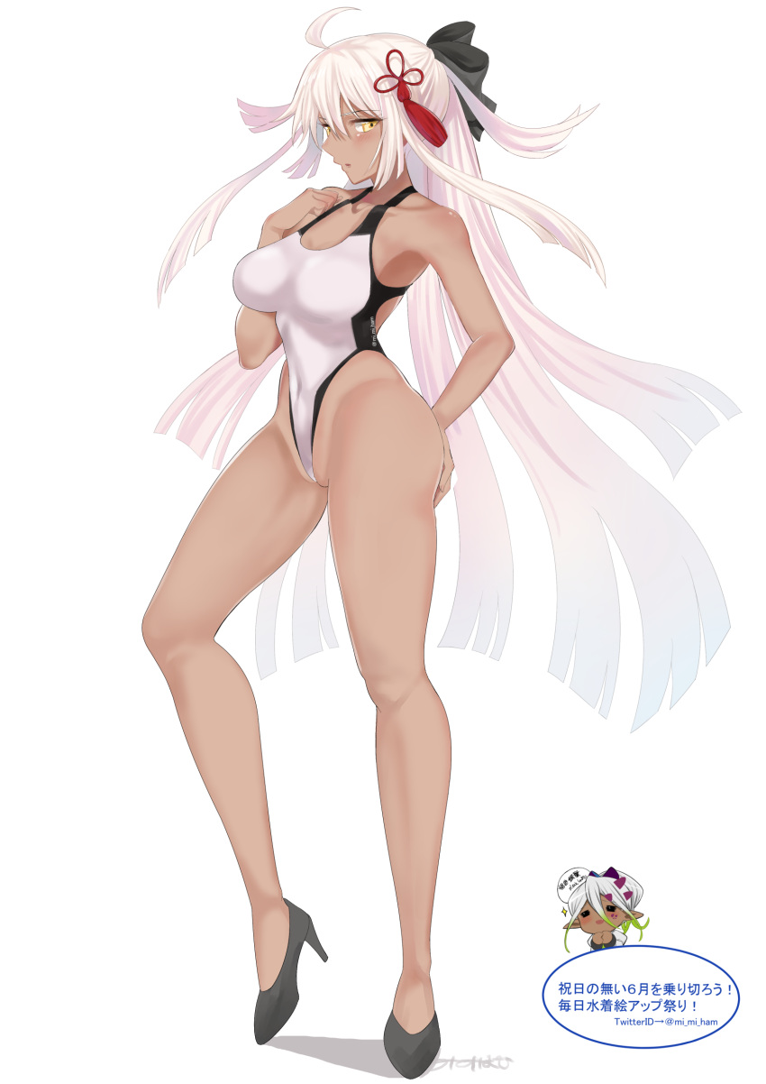 1girl absurdres ahoge alternate_costume bangs bare_arms bare_shoulders black_ribbon breasts collarbone competition_swimsuit covered_navel dark_skin fate_(series) full_body hair_between_eyes hair_ornament hair_ribbon hand_up high_heels highleg highleg_swimsuit highres legs long_hair medium_breasts mi_mi_ham okita_souji_(alter)_(fate) okita_souji_(fate)_(all) one-piece_swimsuit open_mouth ribbon simple_background solo swimsuit thighs twitter_username very_long_hair white_background white_hair yellow_eyes