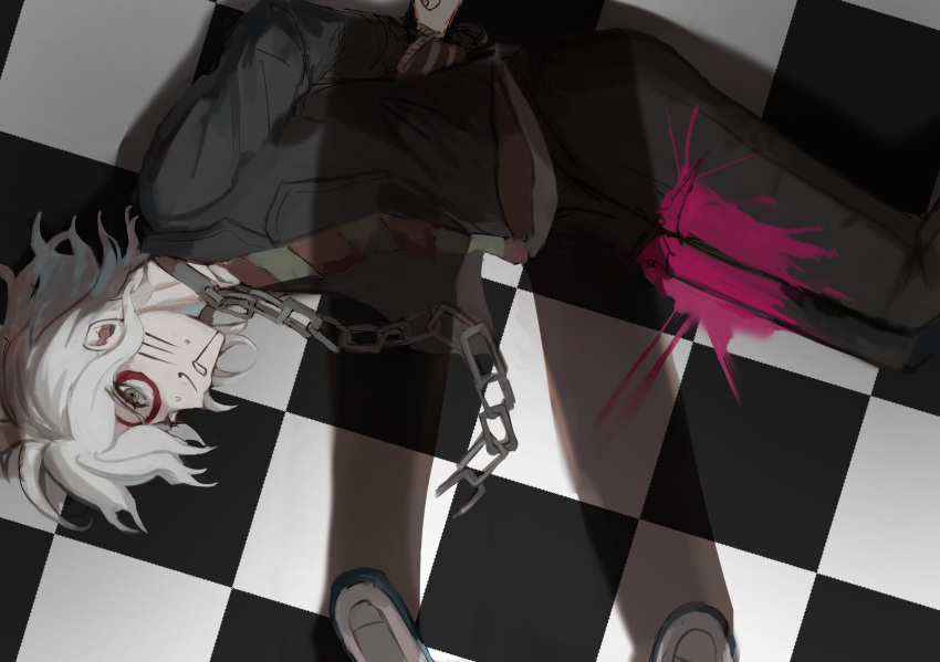 1boy arms_behind_back broken broken_chain brown_jacket brown_pants chain checkered checkered_floor circle collar commentary_request dangan_ronpa_(series) dangan_ronpa_another_episode:_ultra_despair_girls fake_whiskers grey_hair highres jacket kabedan_(yasai_oisidaro) komaeda_nagito lying male_focus messy_hair metal_collar official_alternate_costume on_floor on_side paint_on_face pants pink_blood pov shirt short_hair solo_focus striped striped_shirt tile_floor tiles