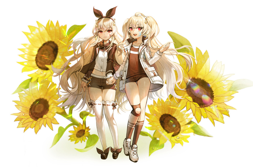 2girls :d absurdres ahoge bangs black_footwear bow brown_bow brown_hairband brown_jacket brown_legwear brown_shirt brown_shorts character_request closed_mouth collarbone commentary commission crescent crescent_earrings doyoom dress_shirt earrings elsword eyebrows_visible_through_hair facial_mark floral_background flower hair_between_eyes hair_ornament hairband high_collar highres huge_filesize jacket jewelry kneehighs light_brown_hair long_hair long_sleeves midriff multiple_girls navel open_clothes open_jacket open_mouth red_eyes red_ribbon ribbon ribbon-trimmed_legwear ribbon_trim round_teeth shirt shoes short_shorts shorts silver_hair smile standing sunflower symbol_commentary teeth thigh-highs thigh_gap two_side_up upper_teeth very_long_hair white_background white_footwear white_jacket white_legwear white_shirt yellow_flower