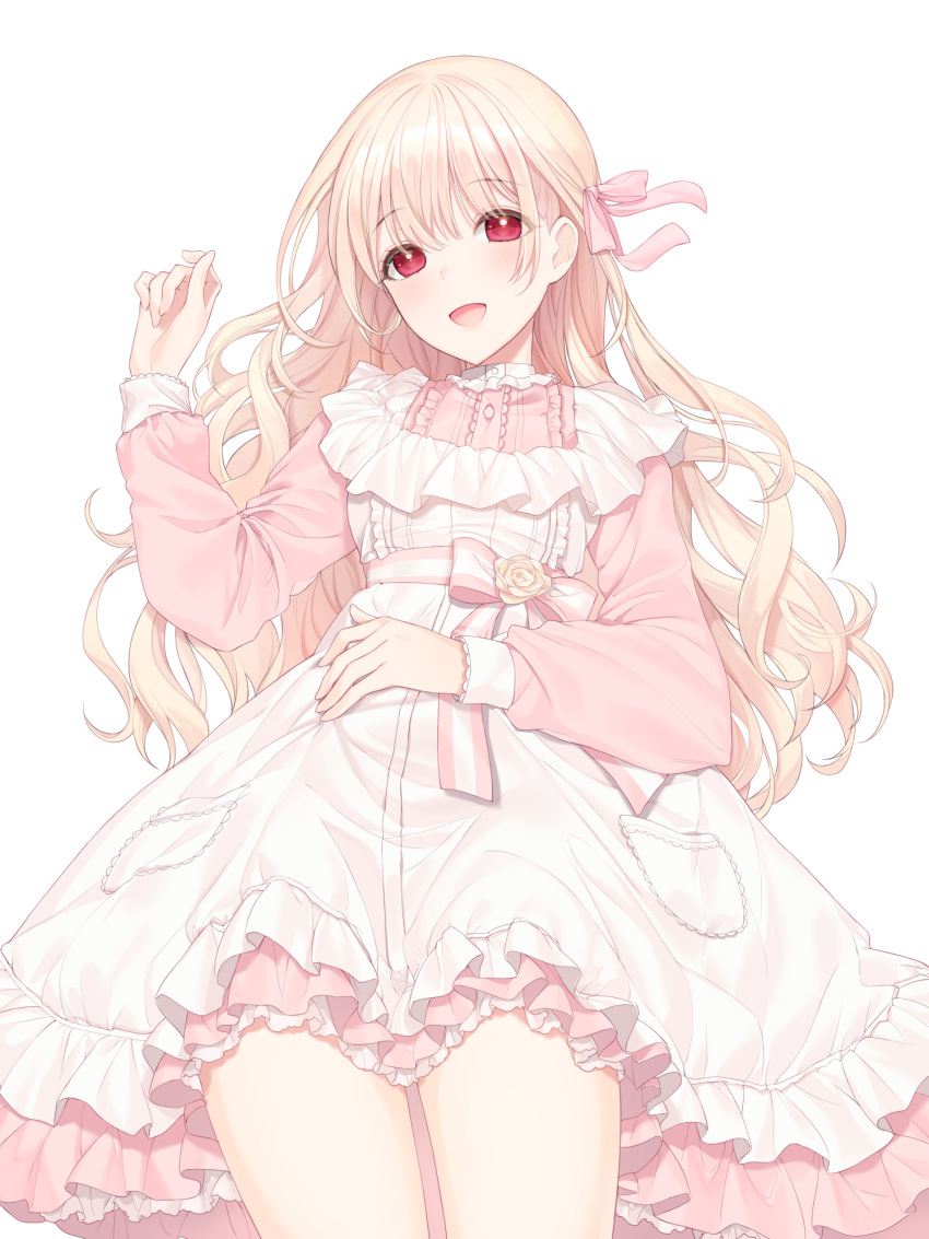 1girl :d a20_(atsumaru) apron bangs bow commission dress eyebrows_visible_through_hair flower frilled_apron frills hair_between_eyes hair_bow hand_up highres light_brown_hair long_hair long_sleeves looking_at_viewer lying on_back open_mouth original pink_bow pink_dress red_eyes rose simple_background smile solo striped striped_bow very_long_hair wavy_hair white_apron white_background yellow_flower yellow_rose