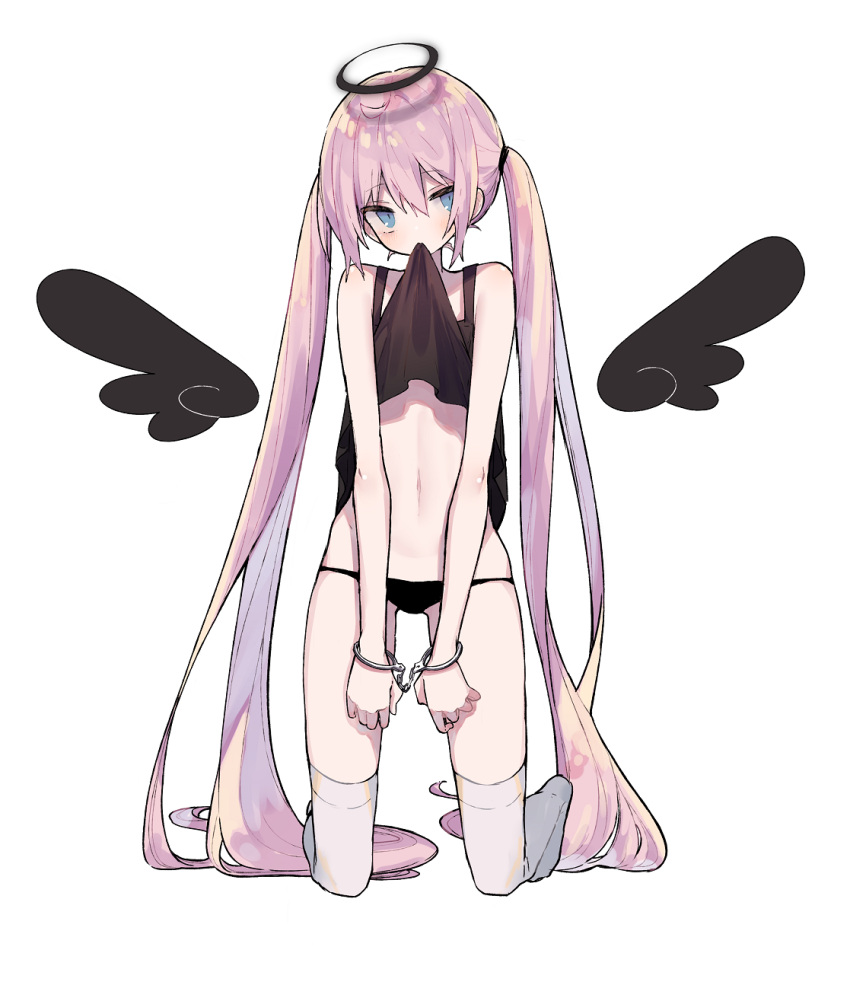 1girl ass_visible_through_thighs bangs bare_arms bare_shoulders black_panties black_tank_top black_wings blue_eyes blush closed_mouth commentary cuffs detached_wings english_commentary eyebrows_visible_through_hair full_body hair_between_eyes halo handcuffs head_tilt highres kneeling lifted_by_self long_hair mimelond mouth_hold navel no_shoes original panties pink_hair simple_background solo tank_top tank_top_lift thigh-highs twintails underwear very_long_hair white_background white_legwear wings