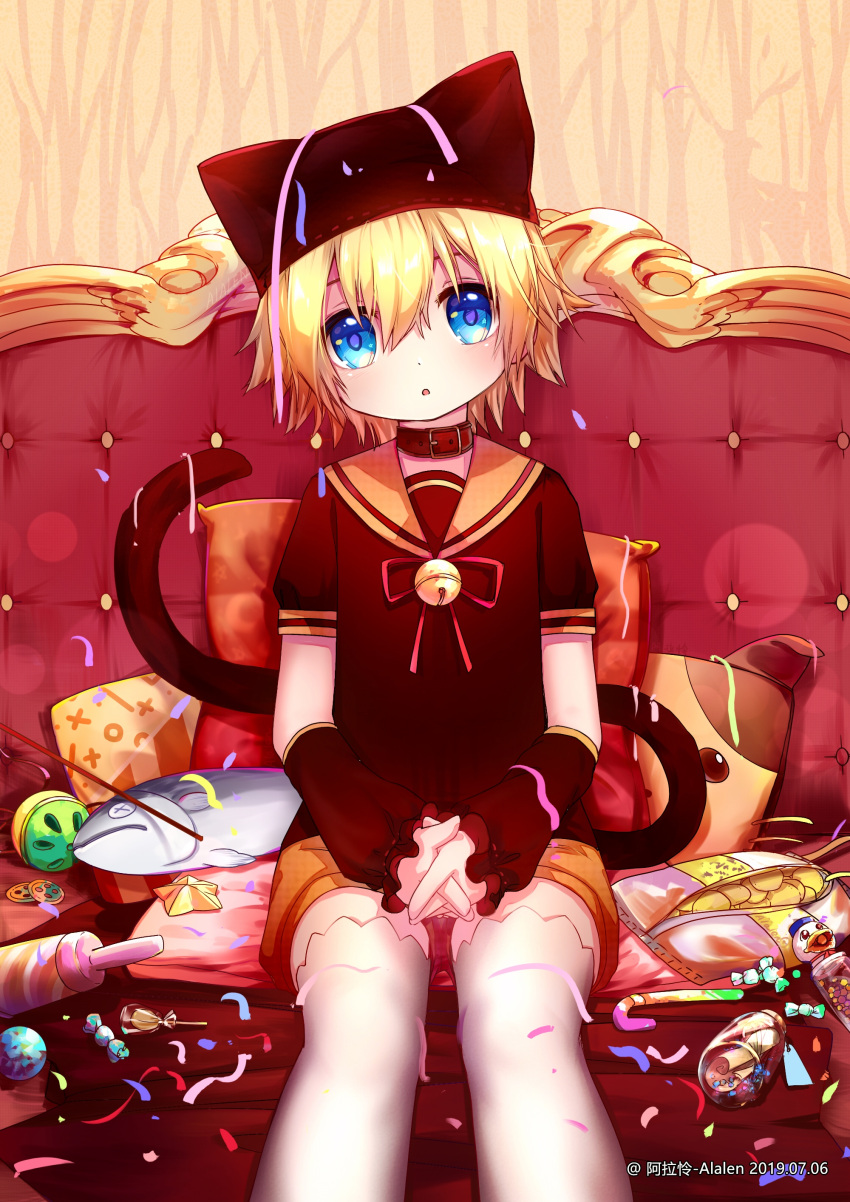 1boy absurdres alalen animal_hat bell blonde_hair blue_eyes blush candy candy_cane cat_hat chips choker fish food hair_between_eyes hat highres kagamine_len lollipop looking_at_viewer male_focus open_mouth potato_chips sailor_collar short_shorts shorts thigh-highs vocaloid white_legwear