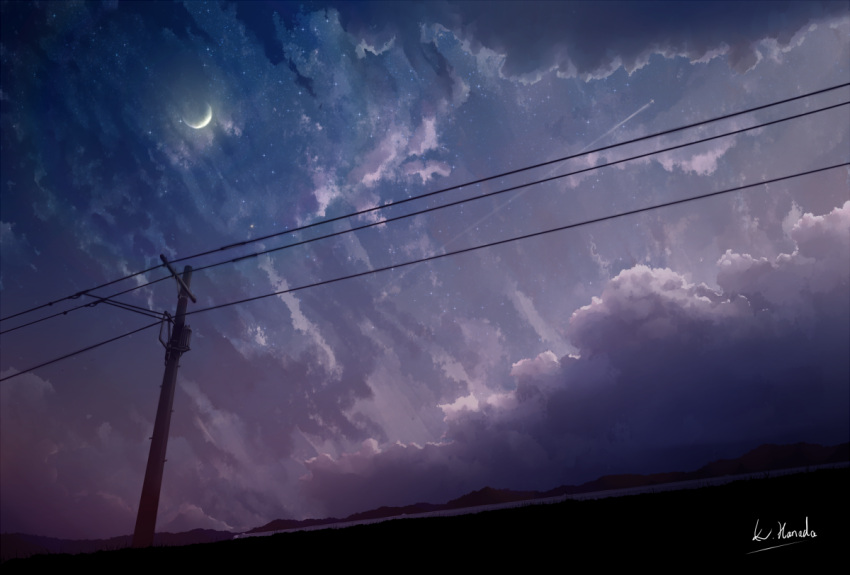 aircraft airplane alu.m_(alpcmas) clouds cloudy_sky commentary condensation_trail hill moon night night_sky no_humans original power_lines scenery signature sky star_(sky) telephone_pole