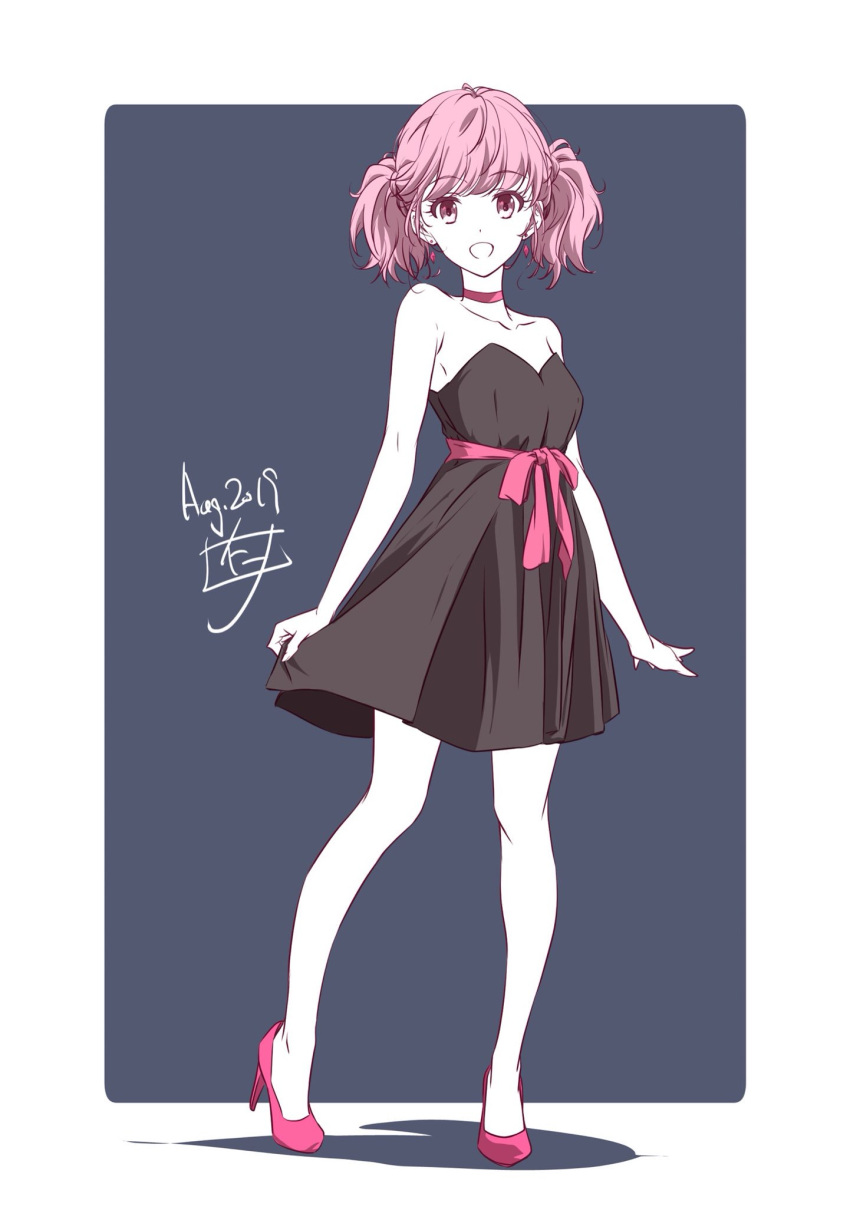 1girl 2019 bangs black_dress collarbone dated dress earrings eyebrows_visible_through_hair full_body grey_background high_heels highres jewelry looking_at_viewer medium_hair nii_manabu open_mouth pink_eyes pink_footwear pink_hair pink_ribbon pumps ribbon short_dress signature sketch sleeveless sleeveless_dress solo standing strapless strapless_dress twintails two-tone_background white_background