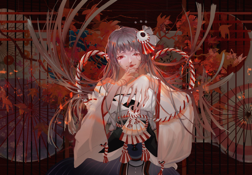 1girl absurdres akane_(contestalt) bangs finger_to_mouth fingernails grey_hair guinu_hongye hair_ornament highres japanese_clothes jewelry kimono long_hair looking_at_viewer nail_polish onmyoji oriental_umbrella red_eyes red_lips solo umbrella upper_body very_long_hair wide_sleeves