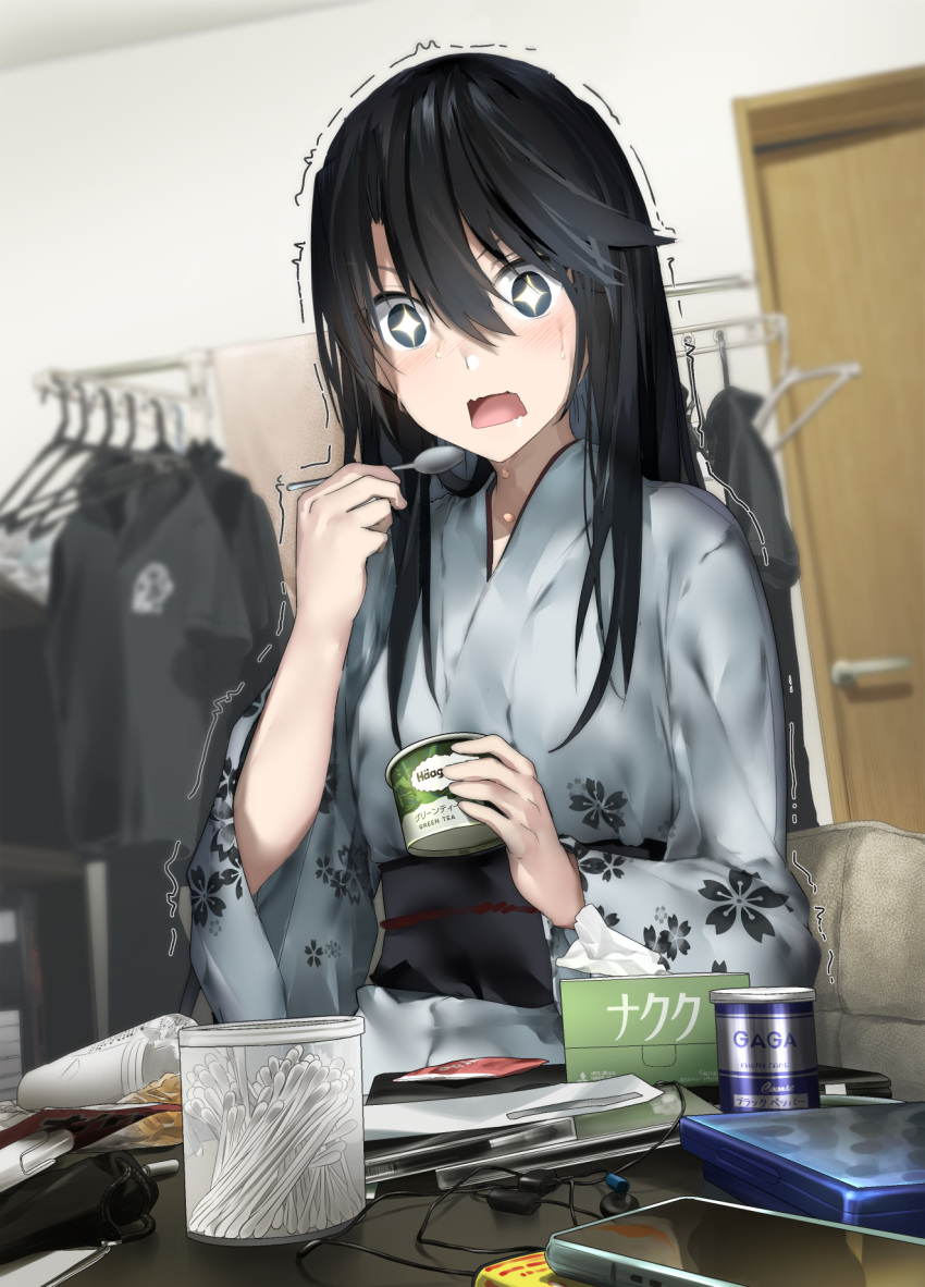 +_+ 1girl araido_kagiri black_hair black_shirt cd_case clothes_hanger clutter commentary_request cotton_swab digital_media_player door drooling dvd_case earphones earphones eating envelope floral_print food haagen-dazs hair_between_eyes highres holding holding_food holding_spoon ice ice_wings indoors japanese_clothes kimono long_hair obi open_mouth original saliva sash shaking shirt sitting solo spoon sweat tissue tissue_box wings wire yuki_onna