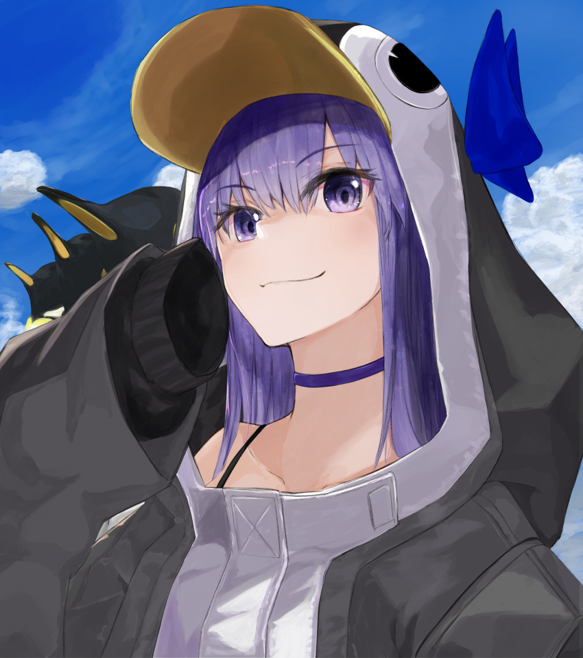 1girl absurdres animal_costume animal_hood bangs black_jacket blue_choker blue_ribbon choker collarbone commentary_request day fate/grand_order fate_(series) hair_between_eyes highres hood jacket long_hair looking_at_viewer meltryllis meltryllis_(swimsuit_lancer)_(fate) outdoors penguin_costume penguin_hood purple_hair ribbon shirokinaco sleeves_past_fingers sleeves_past_wrists smile solo swimsuit