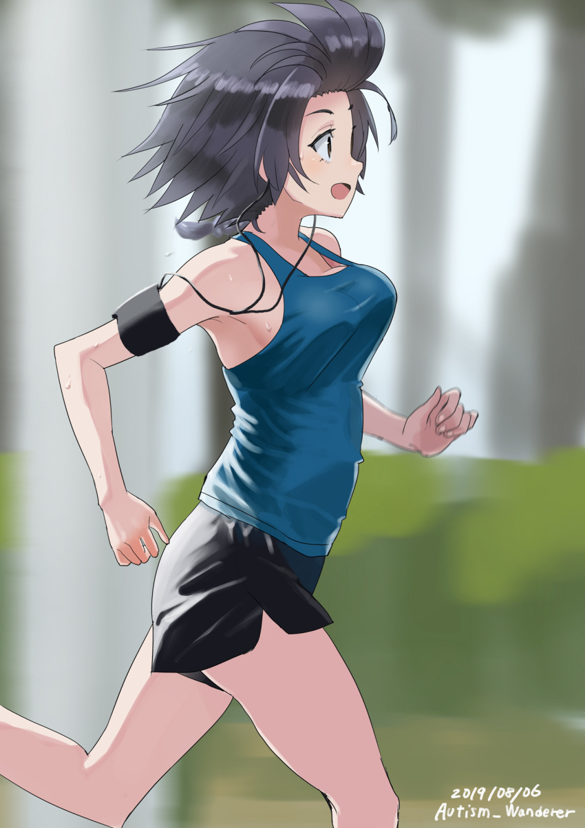 1girl armband autism_wanderer black_shorts blue_shirt blurry blurry_background bouncing_breasts braid breasts commentary dated depth_of_field digital_media_player earphones earphones from_side girls_und_panzer gym_shorts highres medium_breasts no_bra open_mouth pantylines pepperoni_(girls_und_panzer) running shirt short_shorts shorts side_braid smile solo sweat tank_top twitter_username wind