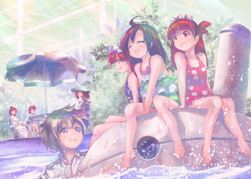 1boy 6+girls :d ^_^ ahoge bangs barefoot beach_umbrella blunt_bangs brown_eyes brown_hair chair closed_eyes commentary_request dutch_angle eyebrows_visible_through_hair frilled_swimsuit frills green_headwear hairband kemurikusa lolita_hairband long_hair looking_at_another multiple_girls open_mouth pink_eyes pink_swimsuit plant profile redhead riku_(kemurikusa) rina_(kemurikusa) riri_(kemurikusa) ryou_(kemurikusa) ryouku_(kemurikusa) short_hair sideways_mouth sitting smile sunglasses swimsuit table umbrella usapenpen2019 wakaba_(kemurikusa) water