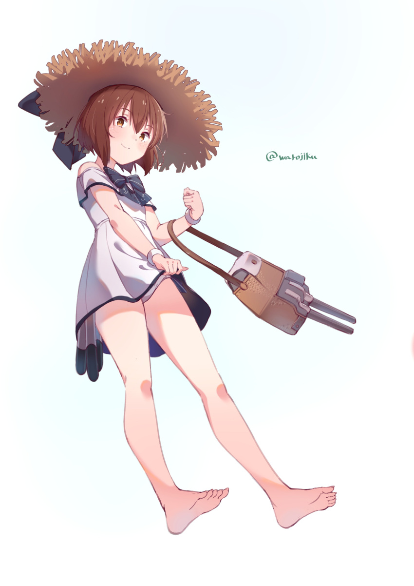 1girl absurdres bag barefoot blue_bow bow brown_eyes brown_hair cannon dress full_body hat highres kantai_collection looking_at_viewer short_hair simple_background solo spaghetti_strap straw_hat sun_hat sundress torpedo turret twitter_username warojiku white_background white_dress yukikaze_(kantai_collection)