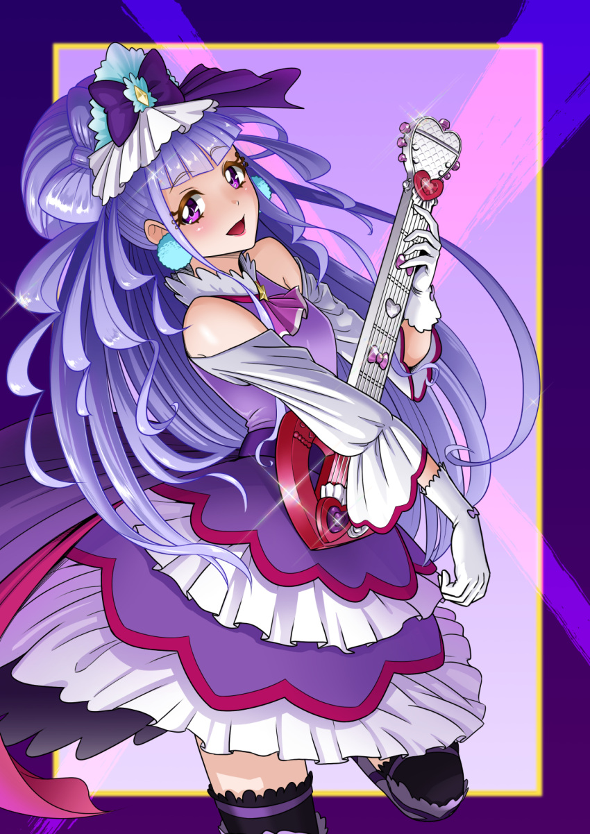 1girl :d bangs black_legwear bow cure_amour dress earrings eyebrows_visible_through_hair floating_hair gloves hair_bow highres holding holding_instrument hugtto!_precure instrument itou_shin'ichi jewelry layered_dress leg_up long_hair looking_at_viewer open_mouth precure purple_bow purple_dress purple_gloves purple_hair purple_neckwear shiny shiny_hair smile solo standing standing_on_one_leg thigh-highs very_long_hair violet_eyes white_gloves