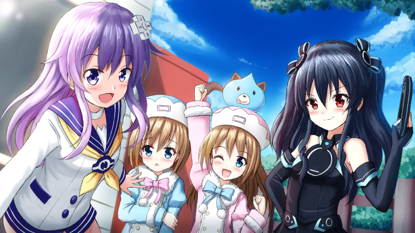 4girls :d ;d arlly_radithia arm_up bangs bare_shoulders black_dress black_gloves black_hair blue_coat blue_eyes blue_headwear blue_sky blush brown_hair choujigen_game_neptune_mk2 closed_mouth clouds commentary_request d-pad d-pad_hair_ornament day dogoo dress elbow_gloves eyebrows_visible_through_hair fence fingerless_gloves gloves hair_between_eyes hair_ornament handheld_game_console hat highres holding holding_handheld_game_console long_hair long_sleeves multiple_girls neckerchief nepgear neptune_(series) one_eye_closed open_mouth outdoors outstretched_arm parted_lips pink_coat pink_headwear purple_hair purple_sailor_collar ram_(neptune_series) red_eyes rom_(neptune_series) sailor_collar sailor_dress siblings sisters sky sleeveless sleeveless_dress smile twins uni_(neptune_series) very_long_hair violet_eyes white_dress yellow_neckwear
