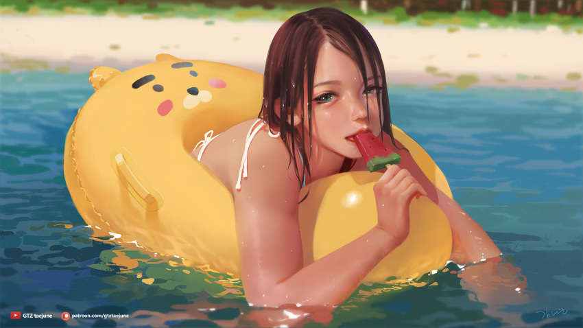 1girl animal_print beach bikini blurry blurry_background brown_hair cute day floating food g-tz green_eyes highres innertube long_hair looking_at_viewer original original_character outdoors popsicle realistic solo summer swimming swimsuit water watermelon_bar wet wet_hair