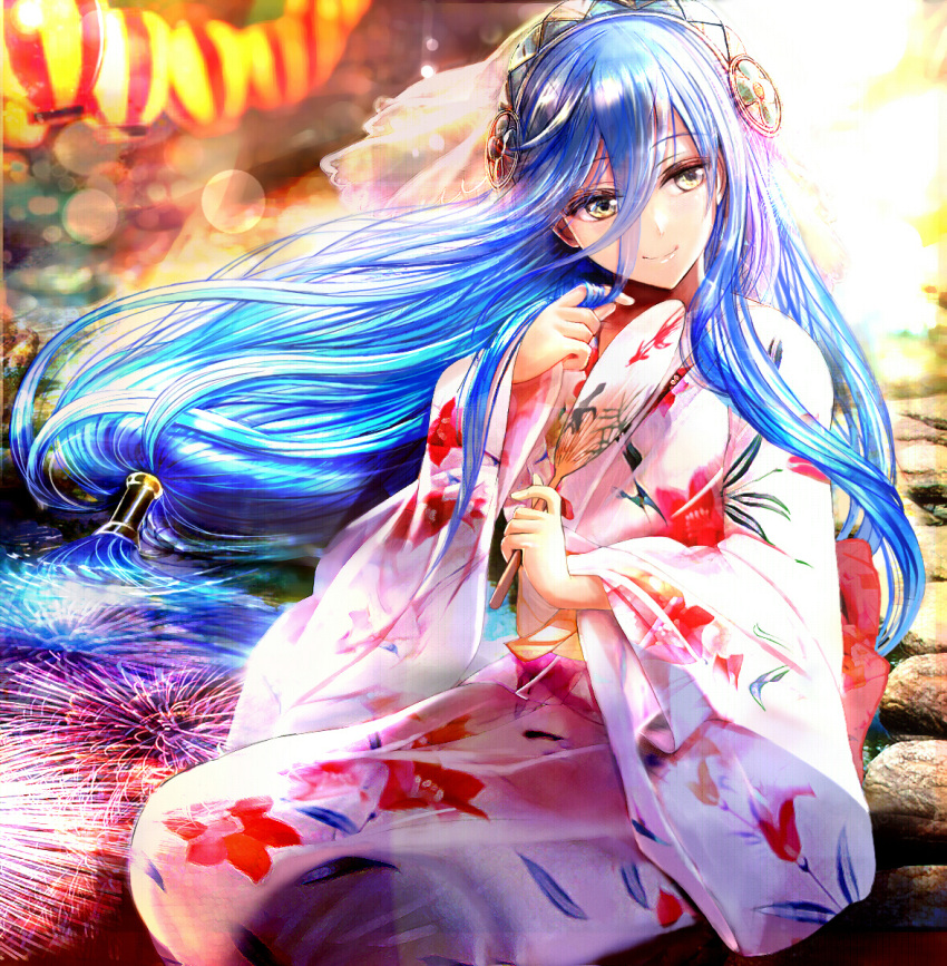 1girl alternate_costume aqua_(fire_emblem_if) azura_(fire_emblem) blue_hair cute eyebrows_visible_through_hair fan fire_emblem fire_emblem_fates fire_emblem_heroes fire_emblem_if fire_emblem_musou fire_emblem_warriors fireworks floating_hair floral_print hair_between_eyes hair_tubes hand_in_hair highres intelligent_systems japanese_clothes kimono lantern lens_flare long_hair looking_to_the_side low-tied_long_hair nintendo paper_fan sitting smile solo summer summer_festival super_smash_bros. tongari uchiwa veil wide_sleeves yellow_eyes yukata