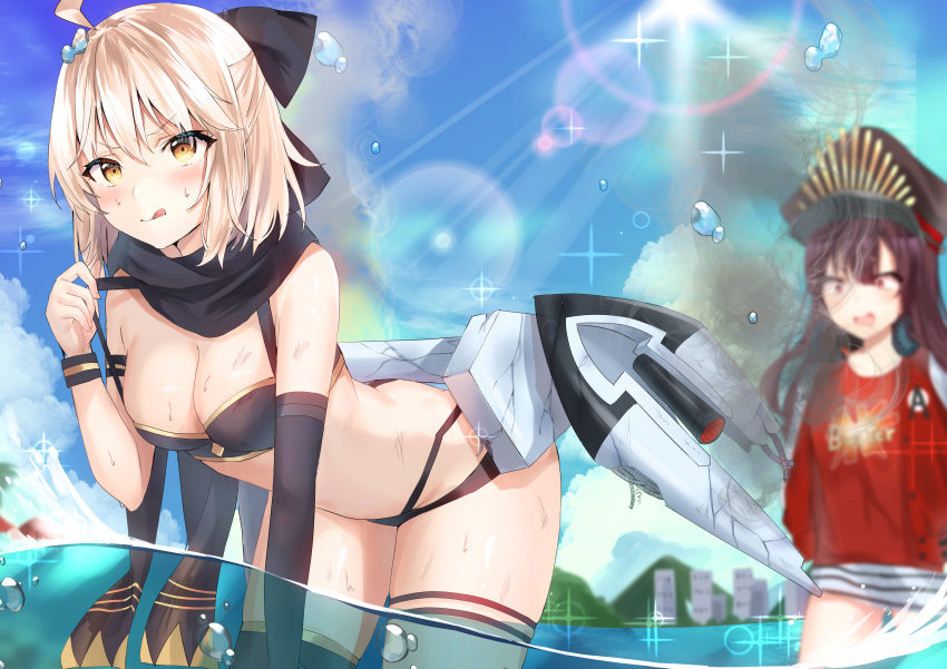 2girls absurdres bikini black_bikini black_gloves black_hair black_headwear blonde_hair blue_sky breasts damaged day elbow_gloves eyebrows_visible_through_hair fate/grand_order fate_(series) fou_(ssqseeker) gloves hair_between_eyes hat highres jacket long_hair multiple_girls oda_nobunaga_(fate) oda_nobunaga_(swimsuit_berserker)_(fate) okita_souji_(fate)_(all) okita_souji_(swimsuit_assassin)_(fate) outdoors partially_submerged peaked_cap red_eyes red_jacket single_glove sky small_breasts smoke sunlight swimsuit tongue tongue_out tree very_long_hair wet yellow_eyes