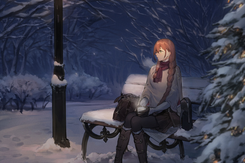 1girl asymmetrical_hair bag bench black_legwear boots braid commentary cup duoyuanjun girls_frontline gloves hair_over_shoulder highres lamppost long_hair m1903_springfield_(girls_frontline) night night_sky orange_hair pantyhose scarf sitting skirt sky snow solo steam tree