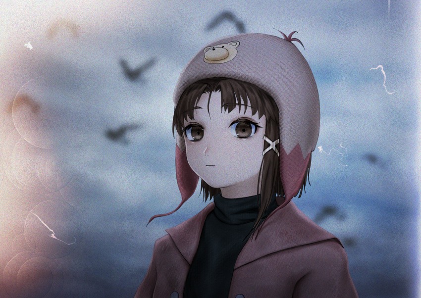 1girl animal_print arms_at_sides beanie bear_print blank_stare brown_eyes brown_hair brown_jacket closed_mouth hair_ornament hat iwakura_lain jacket looking_at_viewer portrait print_hat ransui_(al-nit-ak) serial_experiments_lain shirt_under_jacket short_hair solo x_hair_ornament