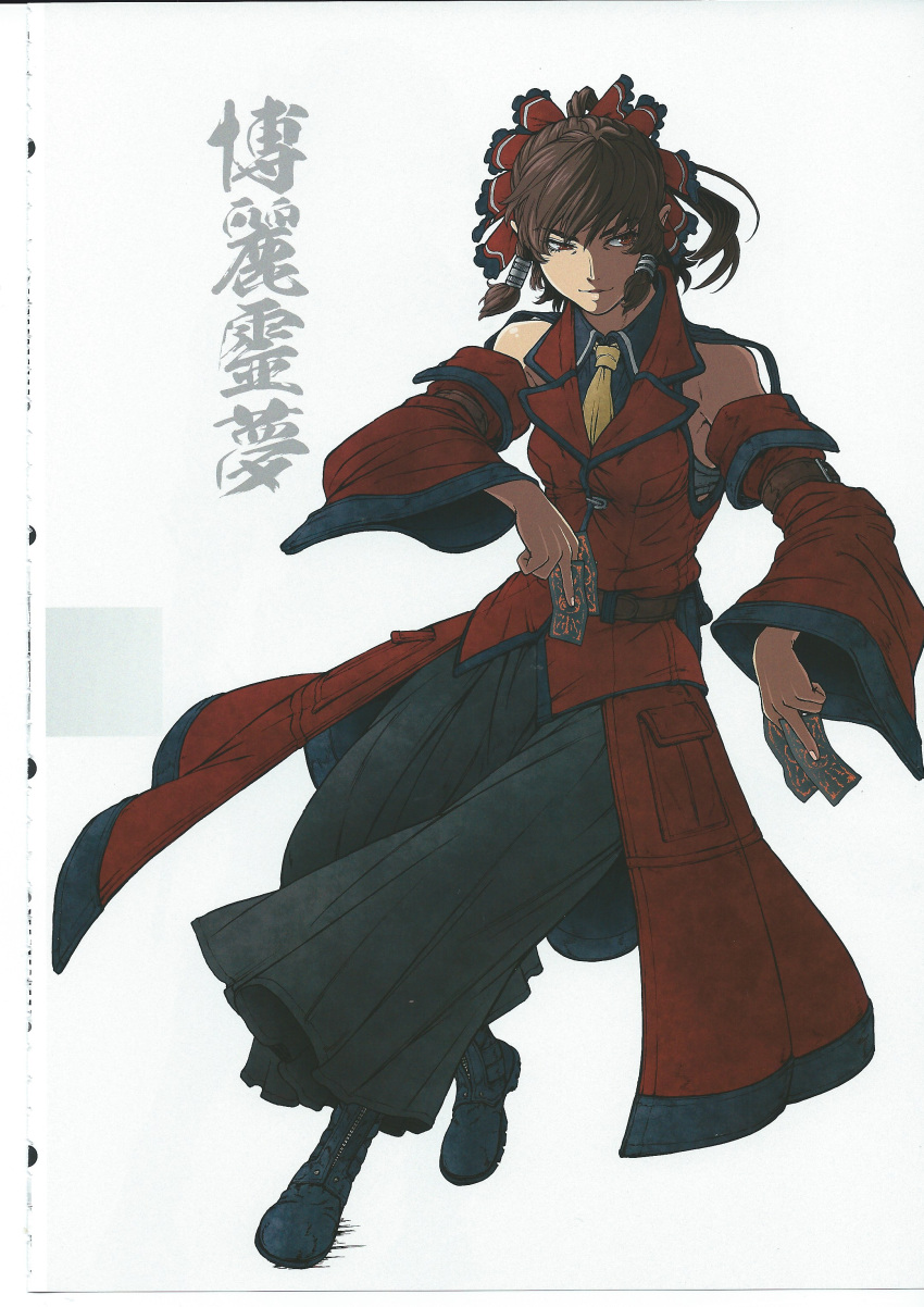 1girl absurdres adapted_costume artbook black_footwear boots bow brown_hair character_name coat detached_sleeves full_body hair_bow hakurei_reimu highres holding imizu_(nitro_unknown) necktie nontraditional_miko ofuda red_coat scan scan_artifacts solo touhou yellow_neckwear