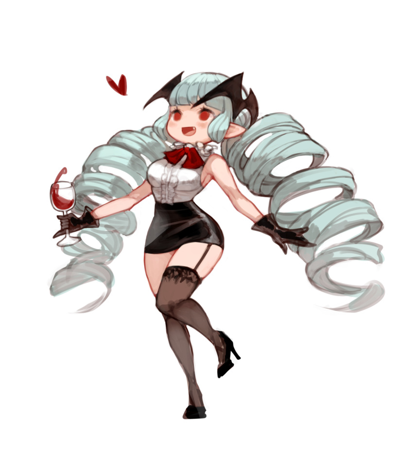 1girl :d aqua_hair bangs bare_shoulders black_footwear black_gloves black_skirt blood blunt_bangs breasts center_frills cup drill_hair drinking_glass dungeon_maker fang full_body garter_straps gloves grey_legwear heart high-waist_skirt high_heels highres kkaebing leg_up long_hair medium_breasts miniskirt no_bra no_nose no_pupils open_mouth pencil_skirt pointy_ears red_eyes red_ribbon ribbon shirt shoes sideboob simple_background skirt sleeveless sleeveless_shirt smile solo standing standing_on_one_leg thigh-highs thighs twin_drills vampire_girl_(dungeon_maker) very_long_hair white_background white_shirt wine_glass zettai_ryouiki