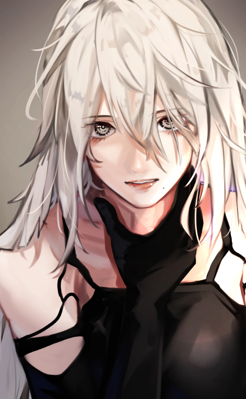 1girl absurdres android bangs black_gloves elbow_gloves eyebrows_visible_through_hair gloves grey_eyes highres long_hair looking_at_viewer messy_hair mole mole_under_mouth nier_(series) nier_automata oone0206 parted_lips pink_lips robot_joints silver_hair tank_top yorha_type_a_no._2