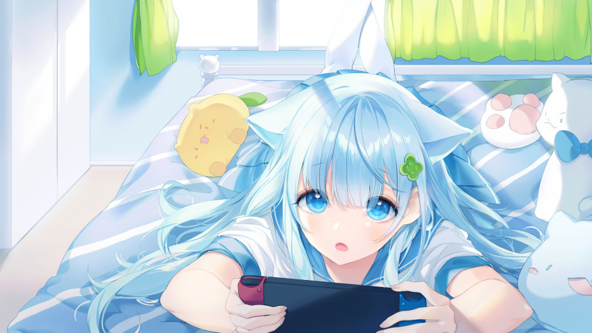 1girl a20_(atsumaru) animal_ears bangs bed blue_eyes blue_hair blue_sailor_collar blue_skirt cat_ears clover commission curtains eyebrows_visible_through_hair fingernails four-leaf_clover hair_between_eyes handheld_game_console highres holding holding_handheld_game_console indoors legs_up long_hair looking_at_viewer lying on_bed on_stomach open_mouth original pantyhose pleated_skirt sailor_collar shirt short_sleeves sidelocks skirt solo stuffed_animal stuffed_cat stuffed_toy sunlight white_legwear white_shirt window