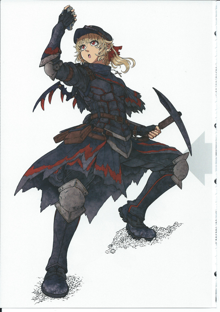 1girl :o absurdres armor armored_boots artbook black_armor blonde_hair boots cross fingerless_gloves flandre_scarlet full_body gloves hair_ribbon helmet highres holding holding_pickaxe imizu_(nitro_unknown) jaggi_(armor) monster_hunter one_side_up open_mouth pickaxe red_eyes ribbon scan scan_artifacts short_hair solo standing touhou wings