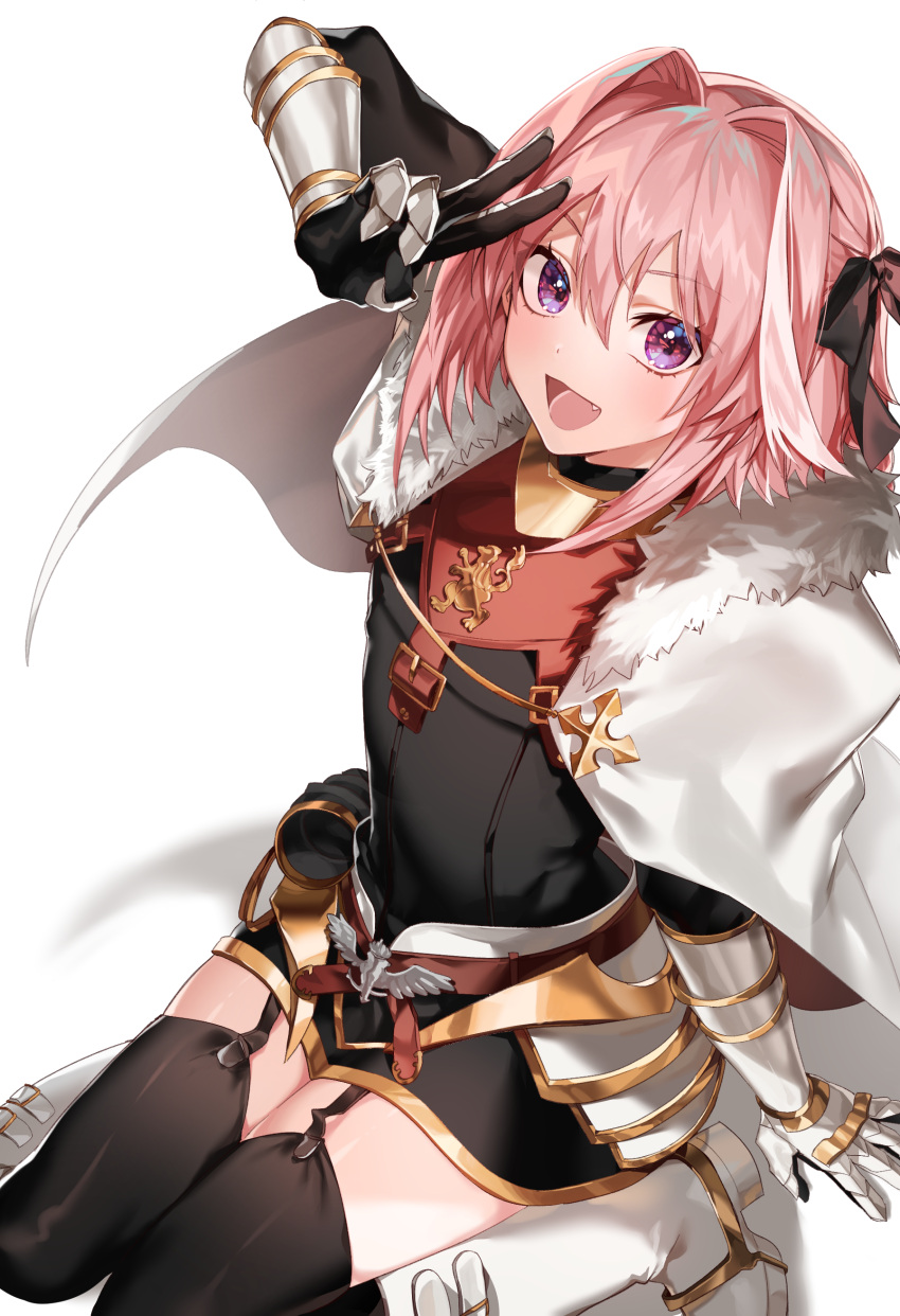 1boy :d absurdres arm_support arm_up armor astolfo_(fate) bangs black_bow black_legwear black_shirt boots bow buckle cloak cross eyebrows_visible_through_hair fang fate/apocrypha fate/grand_order fate_(series) faulds from_above fur-trimmed_cloak fur_collar fur_trim garter_straps gauntlets hair_between_eyes hair_bow heart highres knee_boots long_hair long_sleeves looking_at_viewer male_focus multicolored_hair open_mouth otoko_no_ko pink_hair s2riridoll shiny shiny_hair shirt sidelocks simple_background sitting smile solo streaked_hair thigh-highs v violet_eyes wariza white_background white_cloak white_footwear white_hair