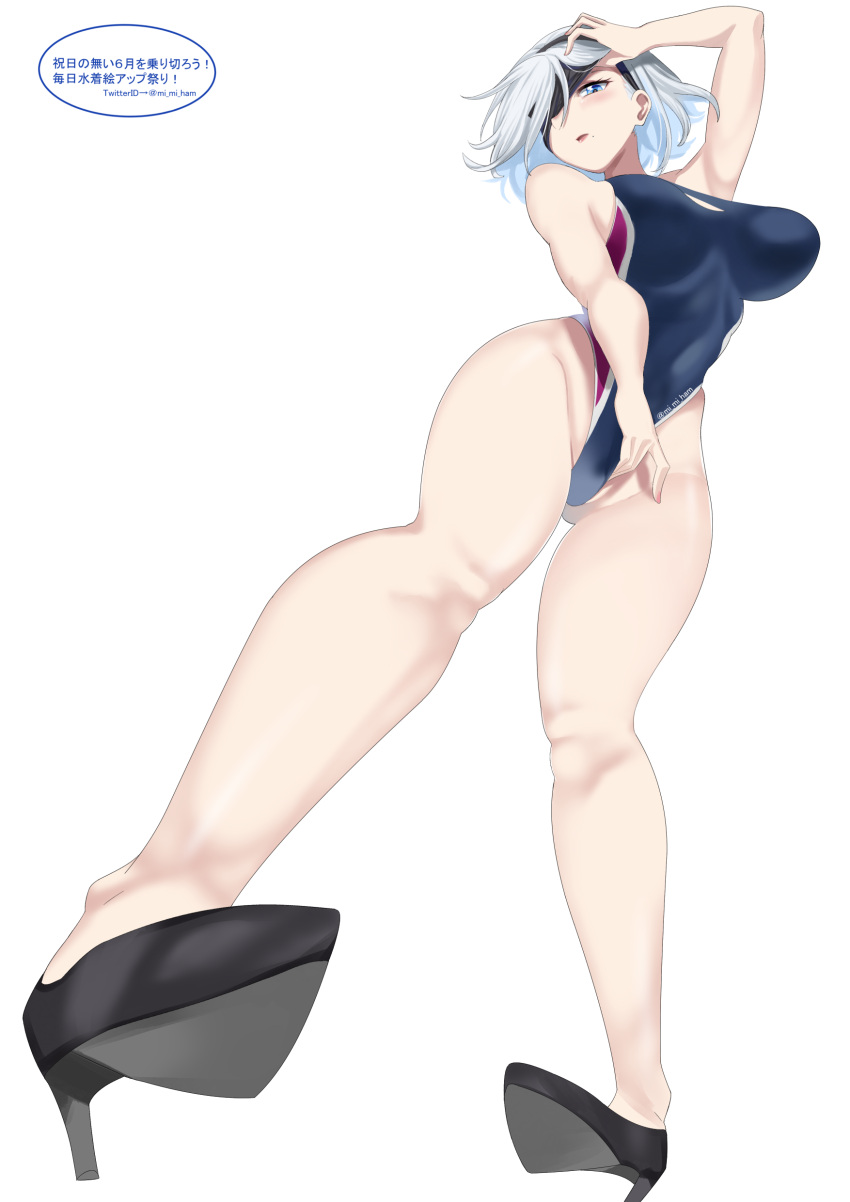 1girl absurdres alternate_costume bare_arms bare_shoulders black_footwear black_hairband blindfold blindfold_lift blue_eyes bob_cut competition_swimsuit full_body groin hairband high_heels highleg highleg_swimsuit highres legs_apart lifted_by_self mi_mi_ham mole mole_under_mouth nier_(series) nier_automata one-piece_swimsuit open_mouth shoes silver_hair simple_background solo swimsuit twitter_username white_background yorha_no._2_type_b