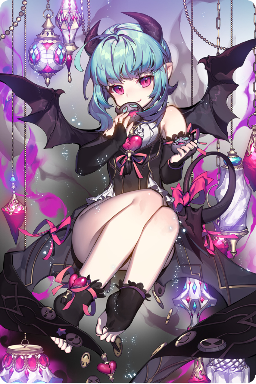 1girl ahoge aqua_hair bangs black_background black_horns black_wings bow bridal_gauntlets demon_tail demon_wings heart highres horns looking_at_viewer official_art pika_(kai9464) pink_bow pink_eyes pointy_ears short_hair sidelocks simple_background sitting smiley_face soccer_spirits solo tail toes wings