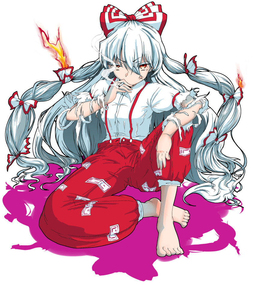 1girl anger_vein arm_on_knee barefoot bow breasts burning cigarette colored_shadow commentary_request crossed_legs eyebrows_visible_through_hair facing_viewer feet fire fujiwara_no_mokou hair_bow highres long_hair long_sleeves looking_at_viewer multiple_hair_bows pants red_eyes red_pants shadow shirt simple_background sitting small_breasts smoke smoking solo suspenders takuman135 toes torn_clothes torn_sleeves touhou very_long_hair white_background white_hair white_shirt