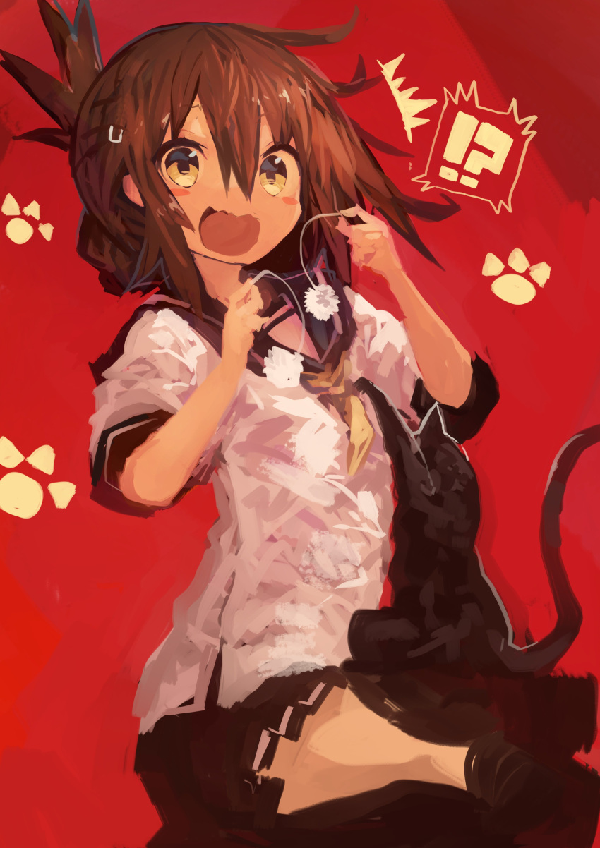 !? /\/\/\ 1girl absurdres bangs black_cat black_skirt blush_stickers brown_eyes brown_hair cat cat_teaser commentary_request folded_ponytail furrowed_eyebrows hair_between_eyes highres holding inazuma_(kantai_collection) kaamin_(mariarose753) kantai_collection looking_at_viewer neckerchief open_mouth over-kneehighs paw_print pleated_skirt red_background school_uniform seiza serafuku short_sleeves sitting skirt solo sweatdrop thigh-highs wavy_mouth