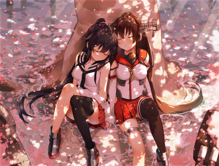 2girls absurdres bangs bare_shoulders black_hair black_legwear black_sailor_collar breasts brown_hair brown_legwear cherry_blossoms closed_eyes closed_mouth commentary_request convenient_leg day facing_viewer gloves headgear highres kantai_collection knees_up large_breasts light_rays long_hair long_sleeves miniskirt multiple_girls outdoors parted_lips pleated_skirt ponytail red_sailor_collar red_skirt rudder_footwear sailor_collar school_uniform serafuku shirt side-by-side sidelocks single_thighhigh sitting skirt sleeping sleeveless sleeveless_shirt sunbeam sunlight thigh-highs tree tree_shade user_yzzn3747 very_long_hair water white_gloves white_shirt yahagi_(kantai_collection) yamato_(kantai_collection)