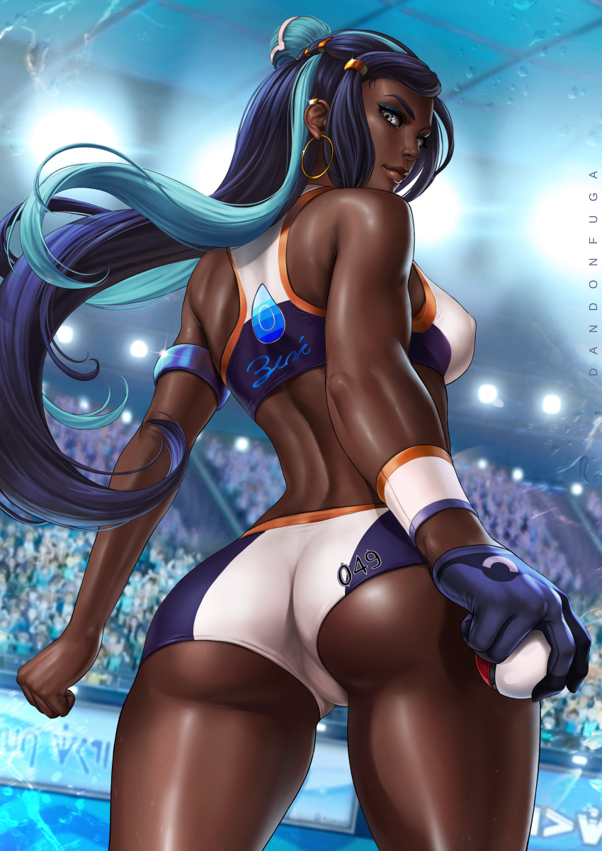 1girl absurdres armlet ass bangs bare_shoulders black_hair blue_eyes blue_hair breasts dandon_fuga dark_skin earrings from_behind gloves gym_leader hair_ornament highres hoop_earrings jewelry lips long_hair looking_at_viewer looking_back multicolored_hair necklace paid_reward patreon_reward poke_ball pokemon pokemon_(game) pokemon_swsh realistic rurina_(pokemon) shiny shiny_skin single_glove solo stadium swimsuit two-tone_hair very_dark_skin