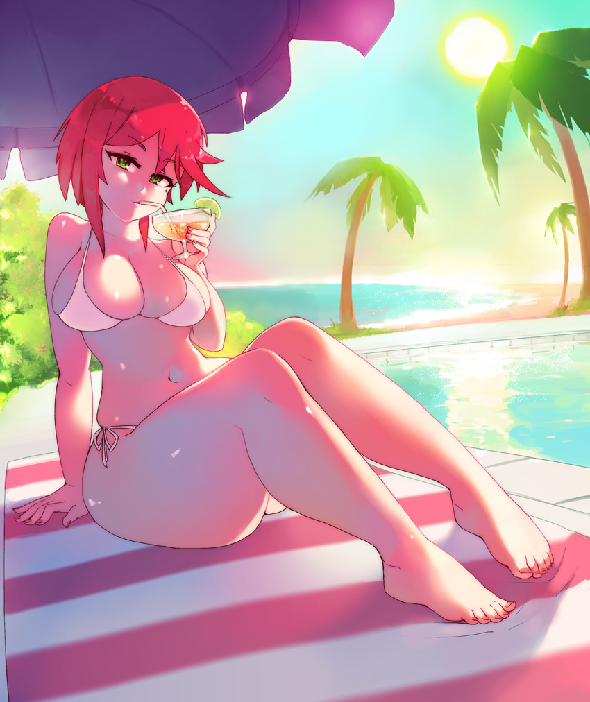 1girl bare_arms bare_legs bare_shoulders beach beach_towel bikini bikini_top breasts cocktail cocktail_glass coconut_tree cup day drink drinking drinking_glass drinking_straw eba_rin eyebrows_visible_through_hair food fruit green_eyes highres horizon kimi_no_iru_machi large_breasts lemon lemon_slice looking_at_viewer medium_hair navel ocean outdoors palm_tree poolside redhead rtil sand sitting solo sunlight swimsuit thick_thighs thighs towel tree umbrella water white_bikini