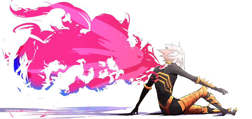 1boy absurdres armor blue_eyes bodysuit collar commentary_request fate/apocrypha fate_(series) from_side highres karna_(fate) rippannjaku sitting solo sparkle spiked_collar spikes white_background white_hair