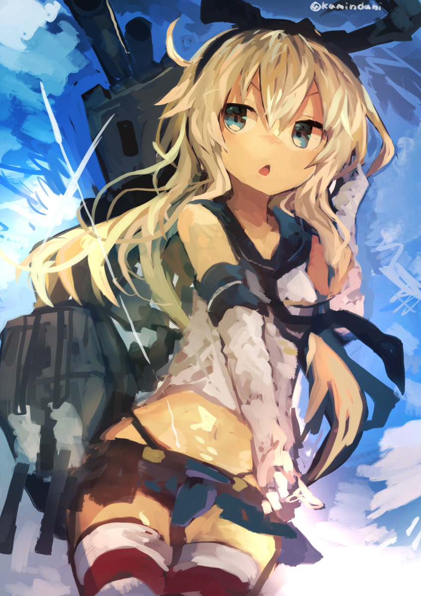 1girl absurdres bangs black_panties blonde_hair blue_eyes cowboy_shot crop_top elbow_gloves gloves hairband highleg highleg_panties highres kaamin_(mariarose753) kantai_collection long_hair machinery microskirt midriff navel open_mouth panties rensouhou-chan shimakaze_(kantai_collection) skirt sky solo striped striped_legwear thigh-highs thong triangle_mouth twitter_username underwear v-shaped_eyebrows white_gloves zettai_ryouiki