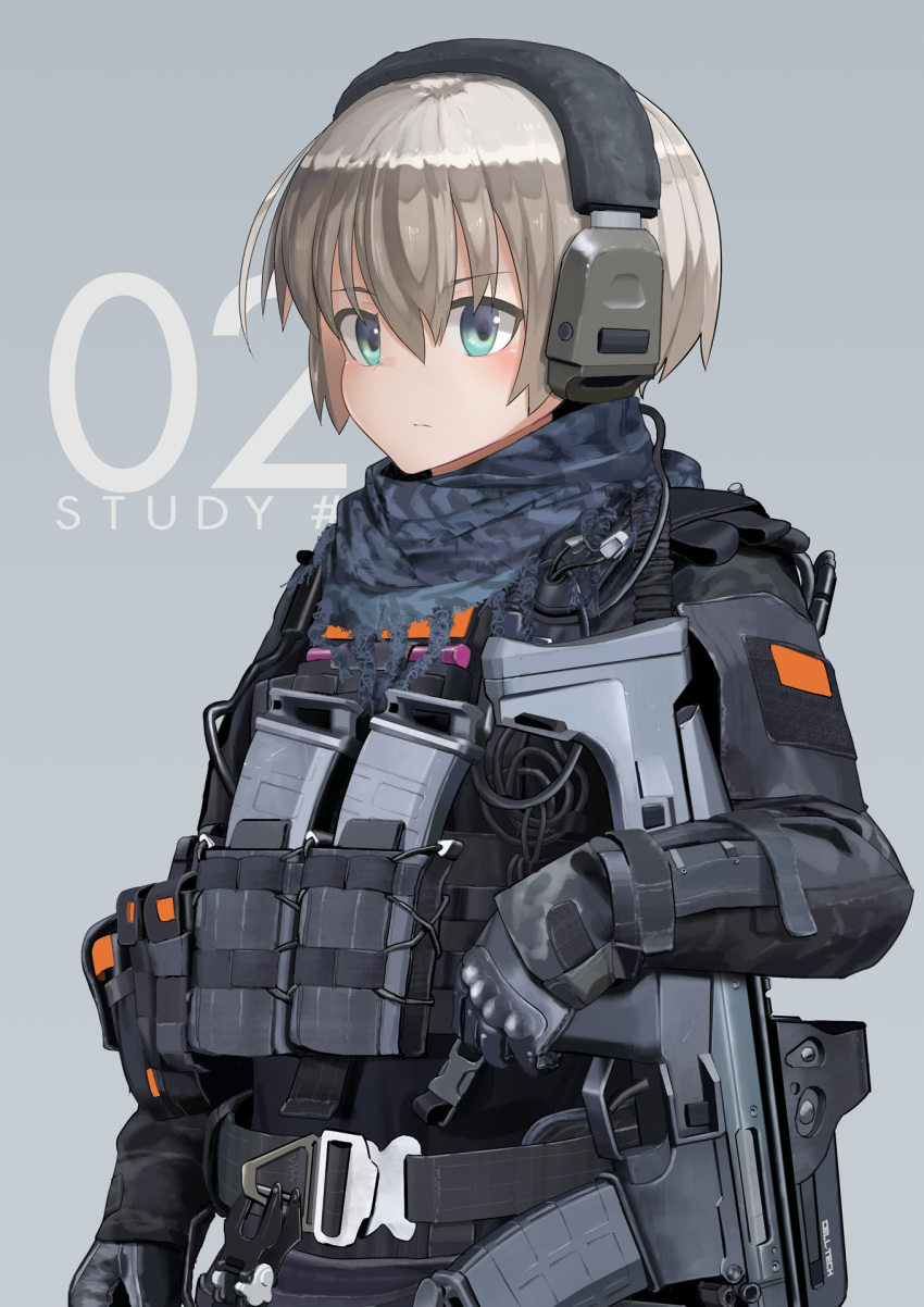1girl aqua_eyes assault_rifle autism_wanderer blonde_hair commentary english_commentary gloves gun headset highres load_bearing_vest military original rifle short_hair simple_background solo weapon