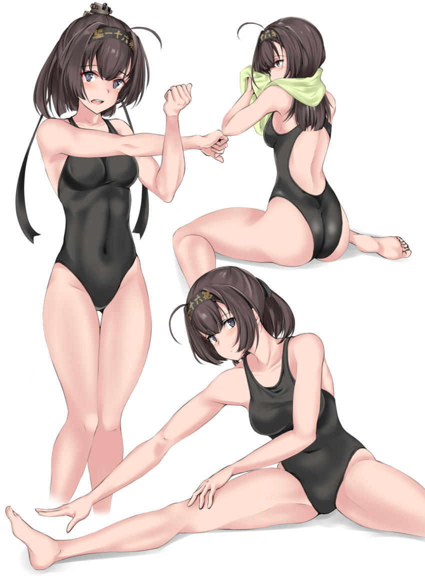 1girl akizuki_(kantai_collection) ass black_hair black_swimsuit breasts collarbone competition_swimsuit covered_navel grey_eyes hachimaki headband highleg highleg_swimsuit highres kantai_collection nn_tasu one-piece_swimsuit ponytail simple_background small_breasts stretch swimsuit towel towel_around_neck white_background