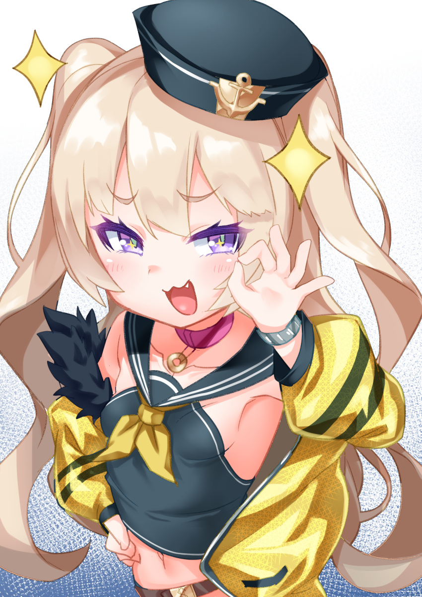 1girl :3 azur_lane bache_(azur_lane) bangs belt blonde_hair breasts collar collarbone fang fur-trimmed_jacket fur_trim hat highres jacket kirisame_mia long_hair long_sleeves looking_at_viewer navel neckerchief off_shoulder ok_sign open_mouth sailor_collar small_breasts smile solo sparkle upper_body violet_eyes yellow_jacket yellow_neckwear
